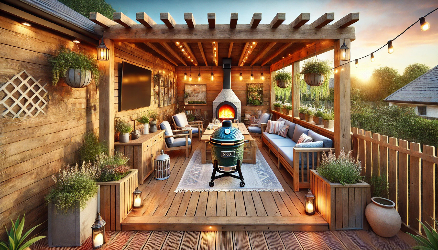 A rustic-themed covered deck made of treated pine, 3.8 meters deep and 4 meters wide, featuring a pergola. At the back along the 4-meter width is a Ho